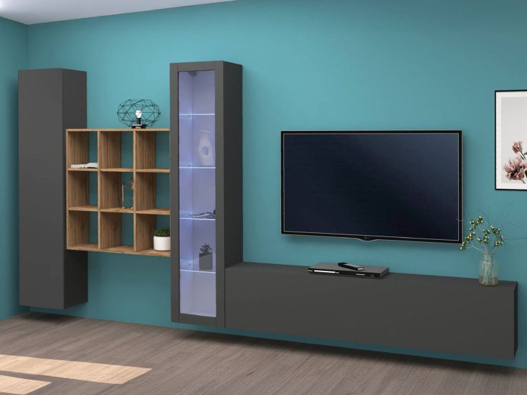 Parete Attrezzata Nero Antracite 14 Ripiani Modulabile 310x30x180h cm, 19 Vani - Intelvi