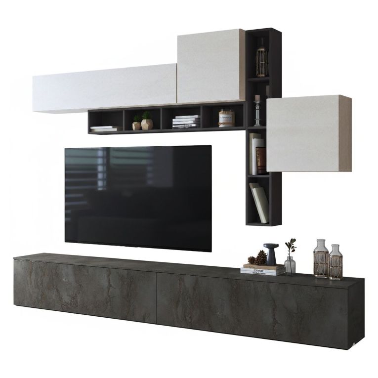 Parete Attrezzata Nero Antracite Bianco 5 Ripiani Modulabile, Apertura Battente, a Ribalta - Ippona