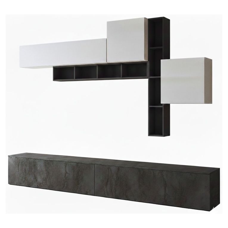 Parete Attrezzata Nero Antracite Bianco 5 Ripiani Modulabile, Apertura Battente, a Ribalta - Ippona