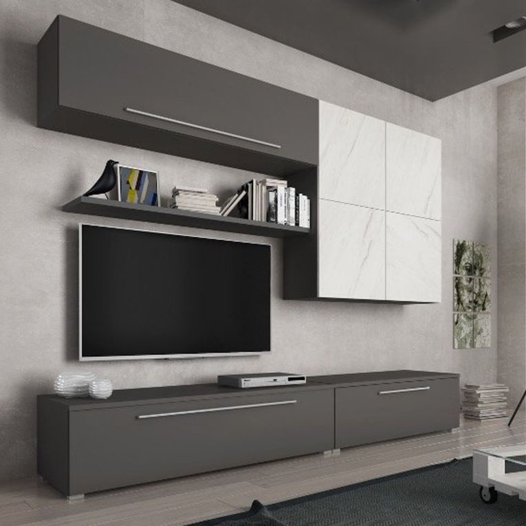 Parete Attrezzata Nero Antracite Bianco Marmo Modulabile 4 Ripiani, 10 Vani - Saluzzo