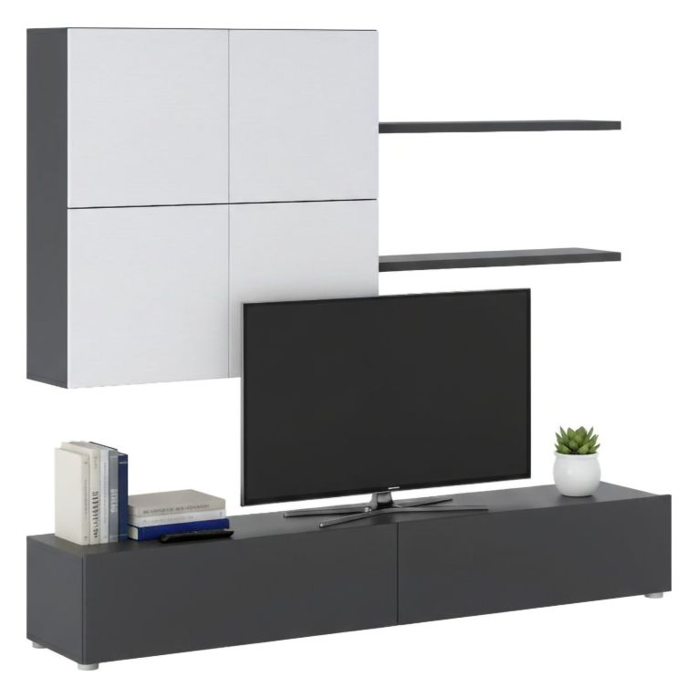 Parete Attrezzata Nero Antracite Bianco Modulabile 4 Ripiani, 6 Ante - Bagnaria