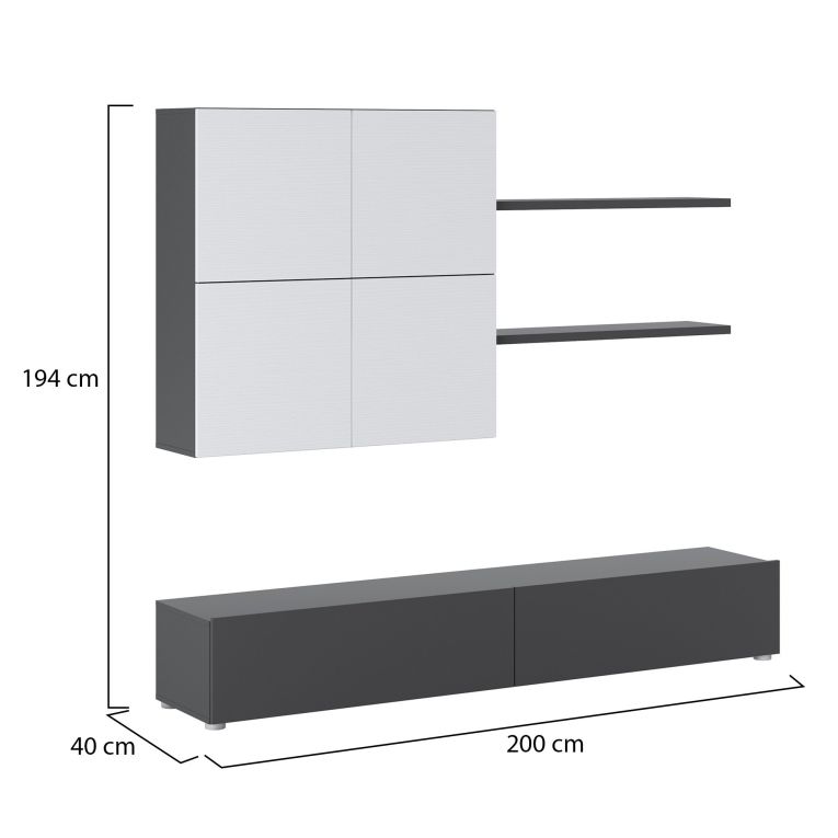 Parete Attrezzata Nero Antracite Bianco Modulabile 4 Ripiani, 6 Ante - Bagnaria