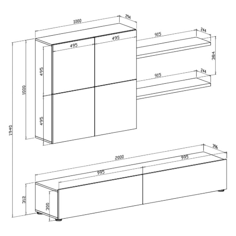 Parete Attrezzata Nero Antracite Bianco Modulabile 4 Ripiani, 6 Ante - Bagnaria