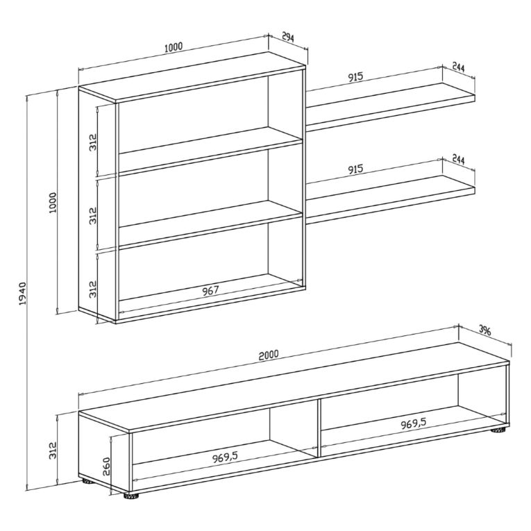 Parete Attrezzata Nero Antracite Bianco Modulabile 4 Ripiani, 6 Ante - Bagnaria