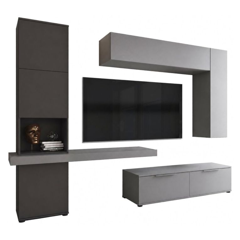 Parete Attrezzata Nero Antracite Grigio 9 Ripiani 2 Cassetti, Modulabile - Dubino