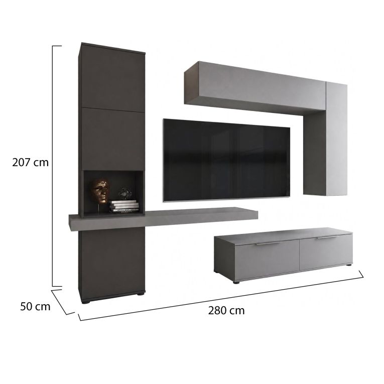 Parete Attrezzata Nero Antracite Grigio 9 Ripiani 2 Cassetti, Modulabile - Dubino