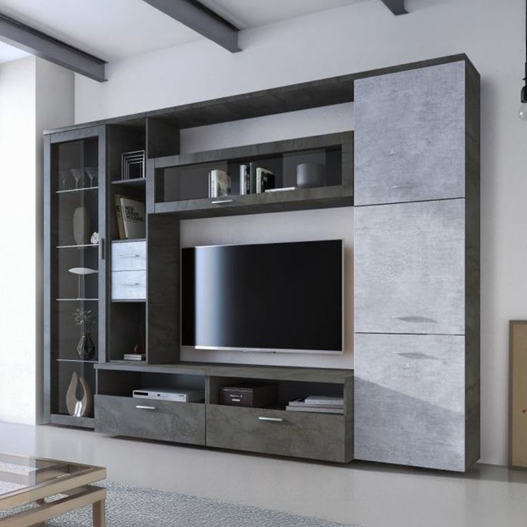 Parete Attrezzata Nero Antracite Grigio Cemento 5 Ripiani 2 Cassetti, Modulabile - Sovizzo