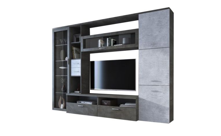 Parete Attrezzata Nero Antracite Grigio Cemento 5 Ripiani 2 Cassetti, Modulabile - Sovizzo