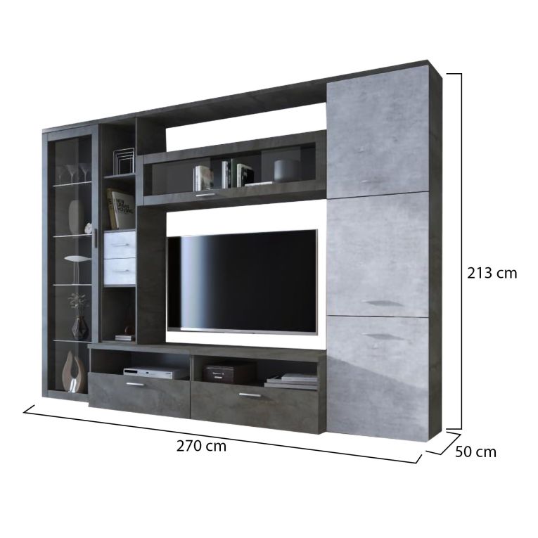 Parete Attrezzata Nero Antracite Grigio Cemento 5 Ripiani 2 Cassetti, Modulabile - Sovizzo