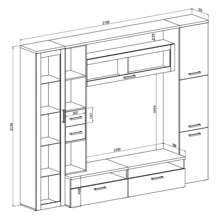 Parete Attrezzata Nero Antracite Grigio Cemento 5 Ripiani 2 Cassetti, Modulabile - Sovizzo