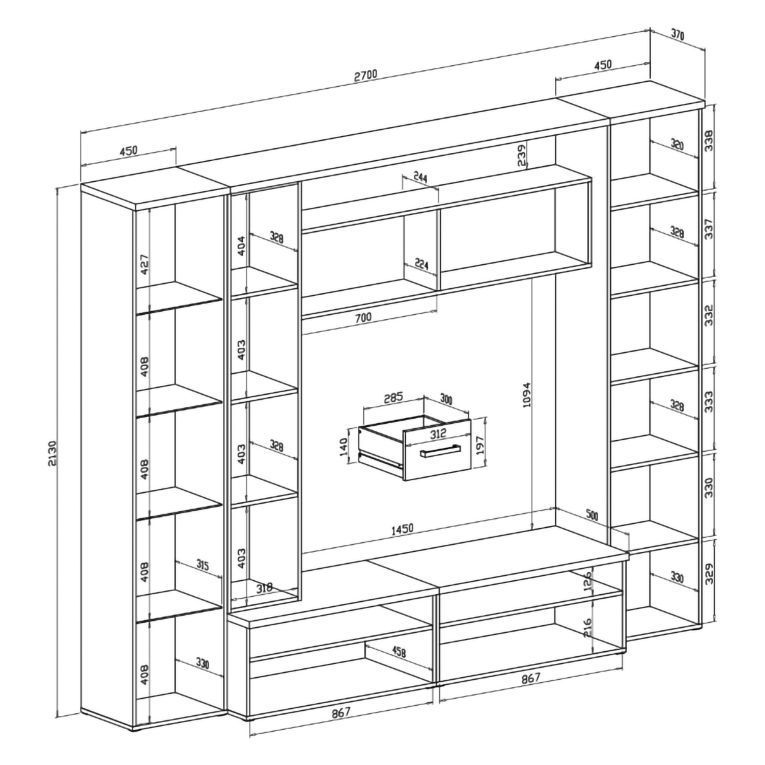 Parete Attrezzata Nero Antracite Grigio Cemento 5 Ripiani 2 Cassetti, Modulabile - Sovizzo