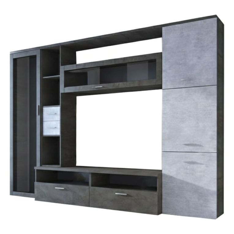 Parete Attrezzata Nero Antracite Grigio Cemento 5 Ripiani 2 Cassetti, Modulabile - Sovizzo