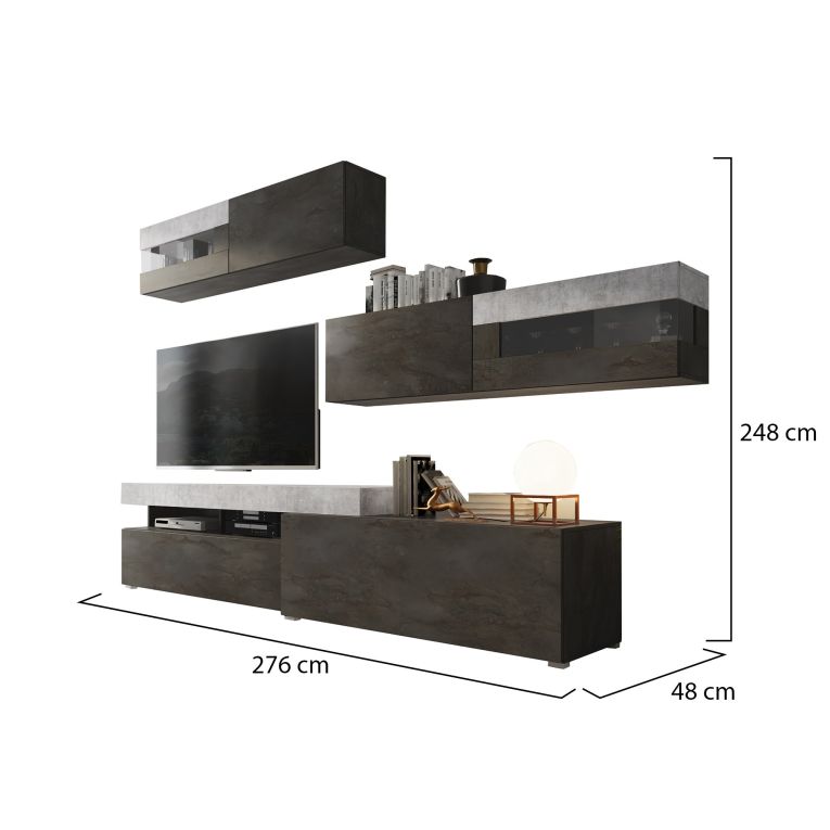 Parete Attrezzata Nero Antracite Grigio Cemento Modulabile 6 Ante, Apertura Battente, a Ribalta - Giacosa