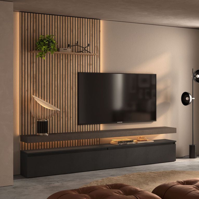 Parete Attrezzata Nero Antracite Marrone Pero Modulabile set Componibile, Apertura Standard Made in Italy - Ostana
