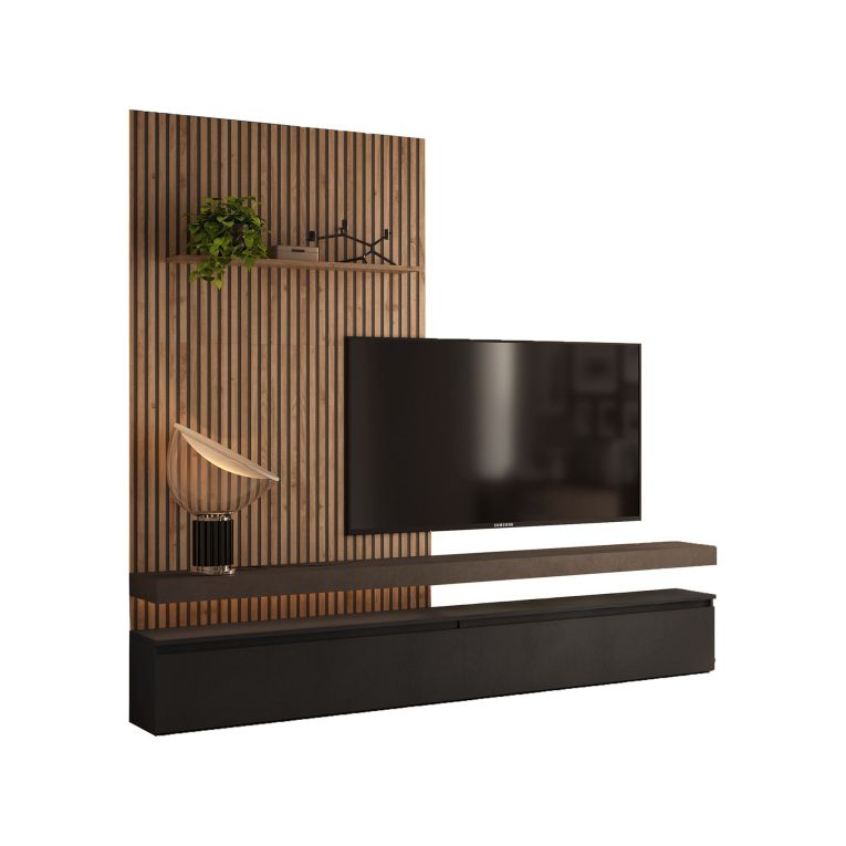 Parete Attrezzata Nero Antracite Marrone Pero Modulabile set Componibile, Apertura Standard Made in Italy - Ostana