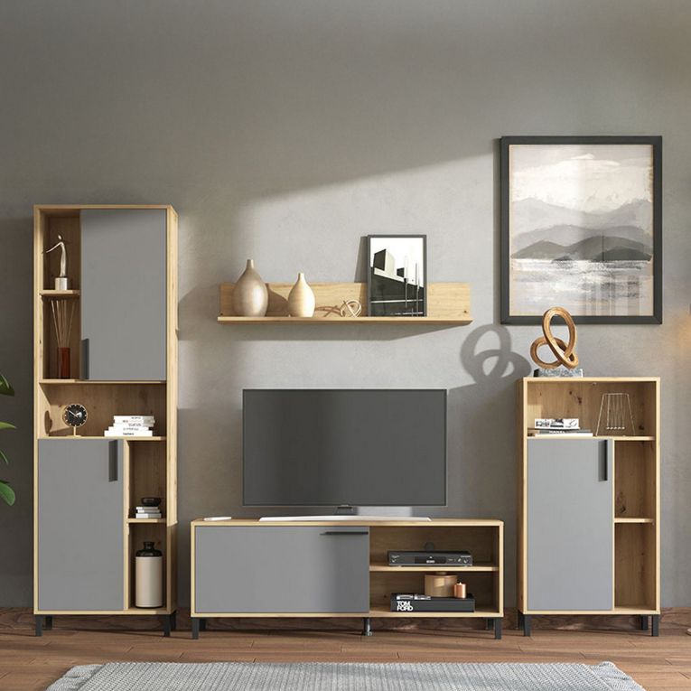 Parete Attrezzata Nero Antracite Marrone Rovere Nodi Modulabile 12 Ripiani 279x38x192.5h cm, 17 Vani - Civitate