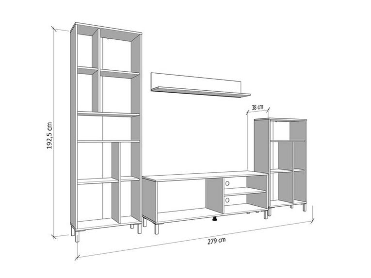 Parete Attrezzata Nero Antracite Marrone Rovere Nodi Modulabile 12 Ripiani 279x38x192.5h cm, 17 Vani - Civitate