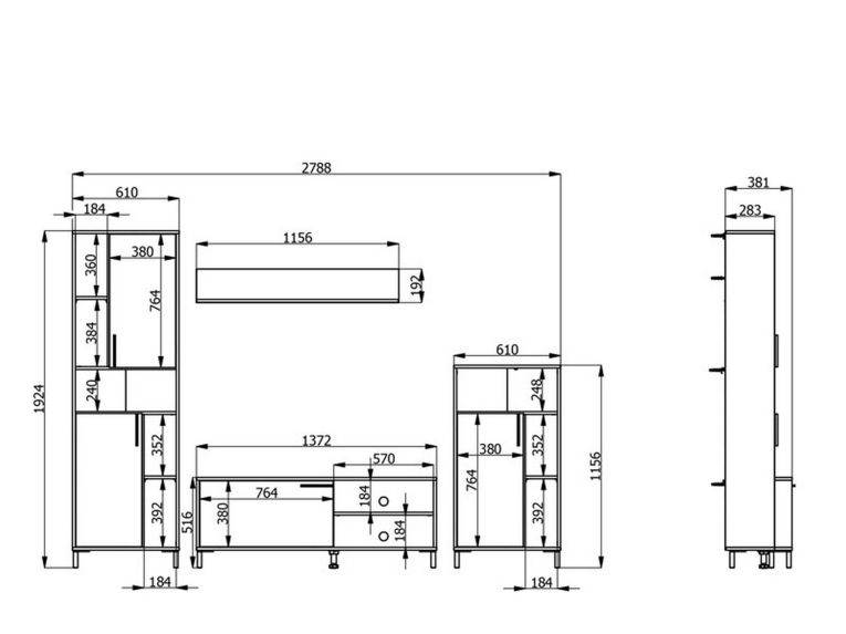 Parete Attrezzata Nero Antracite Marrone Rovere Nodi Modulabile 12 Ripiani 279x38x192.5h cm, 17 Vani - Civitate
