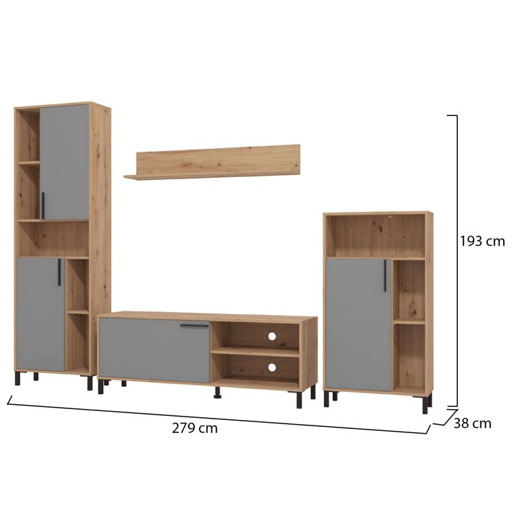 Parete Attrezzata Nero Antracite Marrone Rovere Nodi Modulabile 12 Ripiani 279x38x192.5h cm, 17 Vani - Civitate
