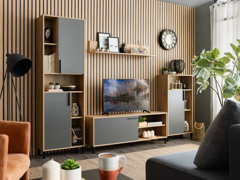 Parete Attrezzata Nero Antracite Marrone Rovere Nodi Modulabile 12 Ripiani 279x38x192.5h cm, 17 Vani - Civitate