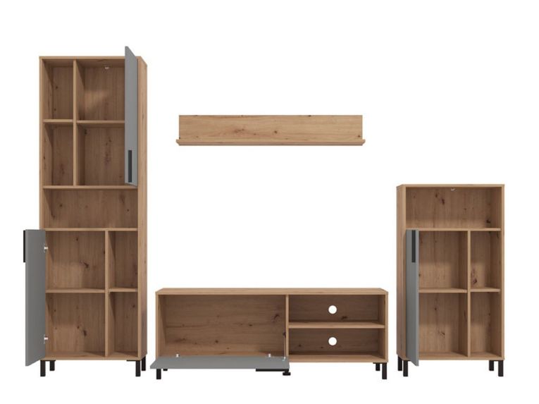 Parete Attrezzata Nero Antracite Marrone Rovere Nodi Modulabile 12 Ripiani 279x38x192.5h cm, 17 Vani - Civitate