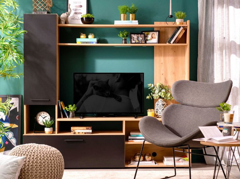Parete Attrezzata Nero Marrone Rovere Nodi 8 Ripiani 2 Ante 168.5x35x157h cm, 10 Vani - Chieve