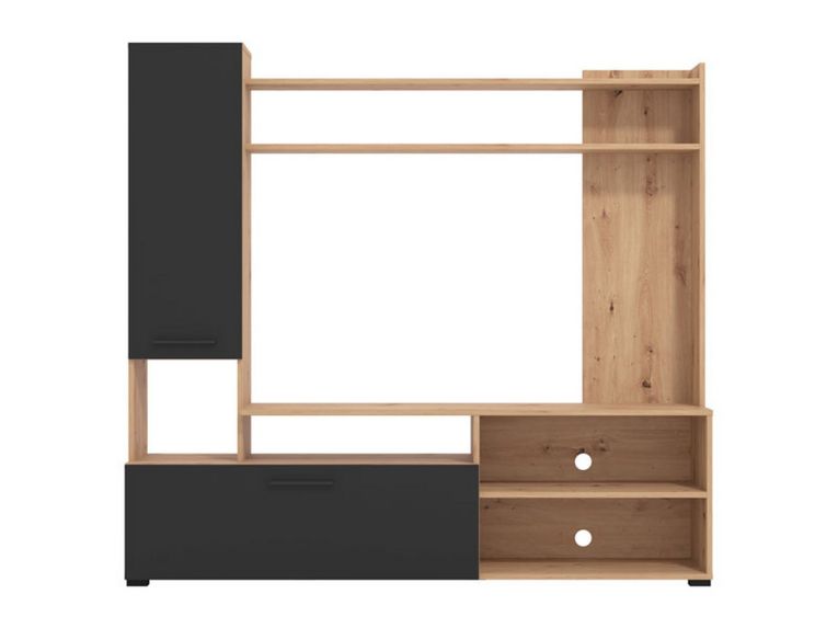 Parete Attrezzata Nero Marrone Rovere Nodi 8 Ripiani 2 Ante 168.5x35x157h cm, 10 Vani - Chieve