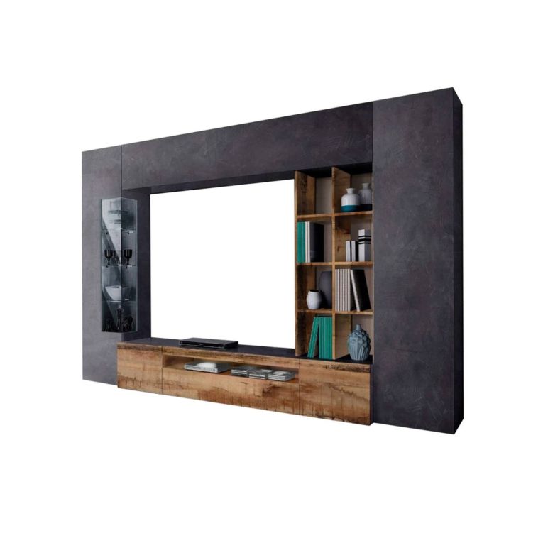 Parete attrezzata Ocean, Set salotto porta TV, Mobile soggiorno multiuso con luce LED, 100% Made in Italy, cm 290x40h192, Ardesia e Acero