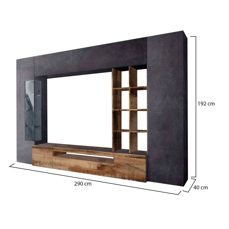Parete attrezzata Ocean, Set salotto porta TV, Mobile soggiorno multiuso con luce LED, 100% Made in Italy, cm 290x40h192, Ardesia e Acero