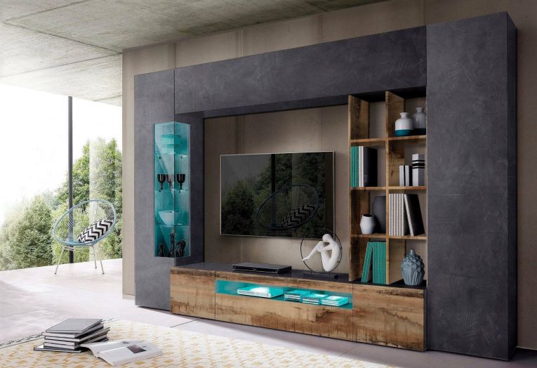 Parete attrezzata Ocean, Set salotto porta TV, Mobile soggiorno multiuso con luce LED, 100% Made in Italy, cm 290x40h192, Ardesia e Acero