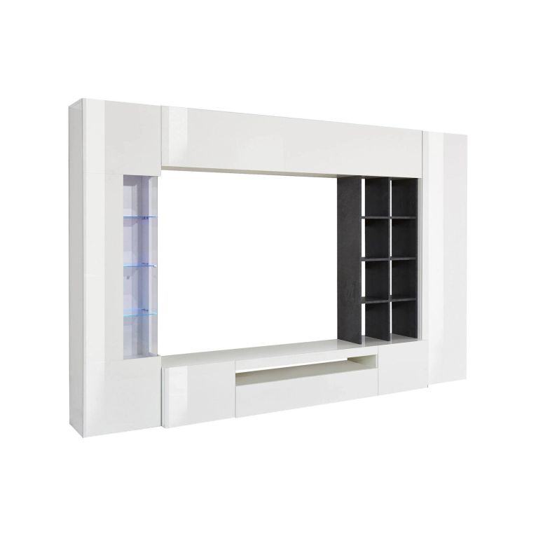 Parete attrezzata Ocean, Set salotto porta TV, Mobile soggiorno multiuso con luce LED, 100% Made in Italy, cm 290x40h192, Bianco lucido e Ardesia
