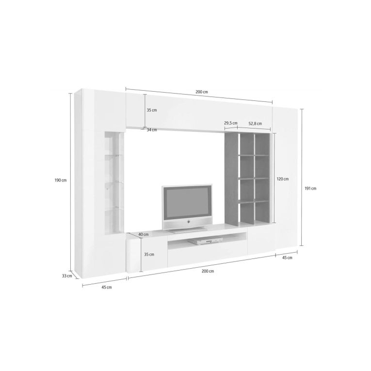 Parete attrezzata Ocean, Set salotto porta TV, Mobile soggiorno multiuso con luce LED, 100% Made in Italy, cm 290x40h192, Bianco lucido e Ardesia