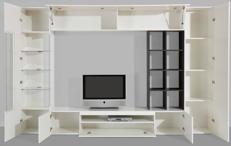 Parete attrezzata Ocean, Set salotto porta TV, Mobile soggiorno multiuso con luce LED, 100% Made in Italy, cm 290x40h192, Bianco lucido e Ardesia