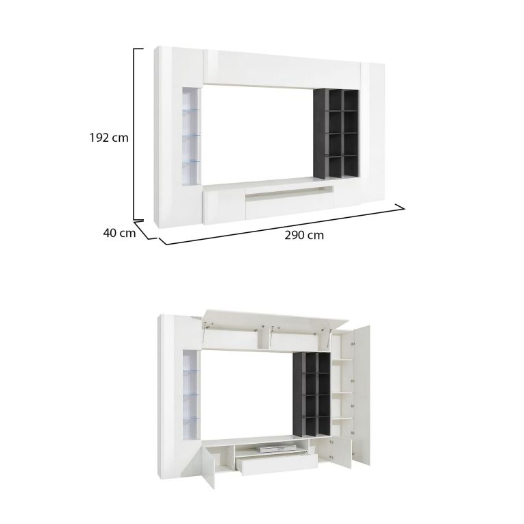 Parete attrezzata Ocean, Set salotto porta TV, Mobile soggiorno multiuso con luce LED, 100% Made in Italy, cm 290x40h192, Bianco lucido e Ardesia