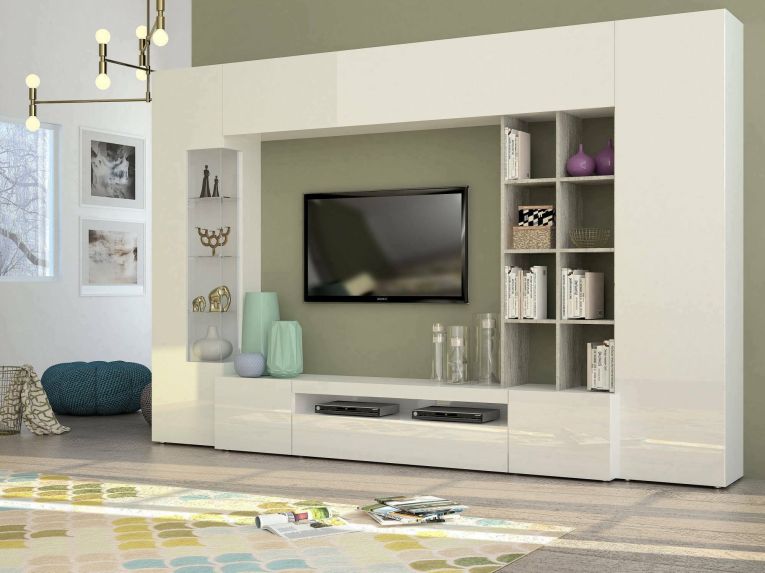 Parete attrezzata Ocean, Set salotto porta TV, Mobile soggiorno multiuso con luce LED, 100% Made in Italy, cm 290x40h192, Bianco lucido e Cemento