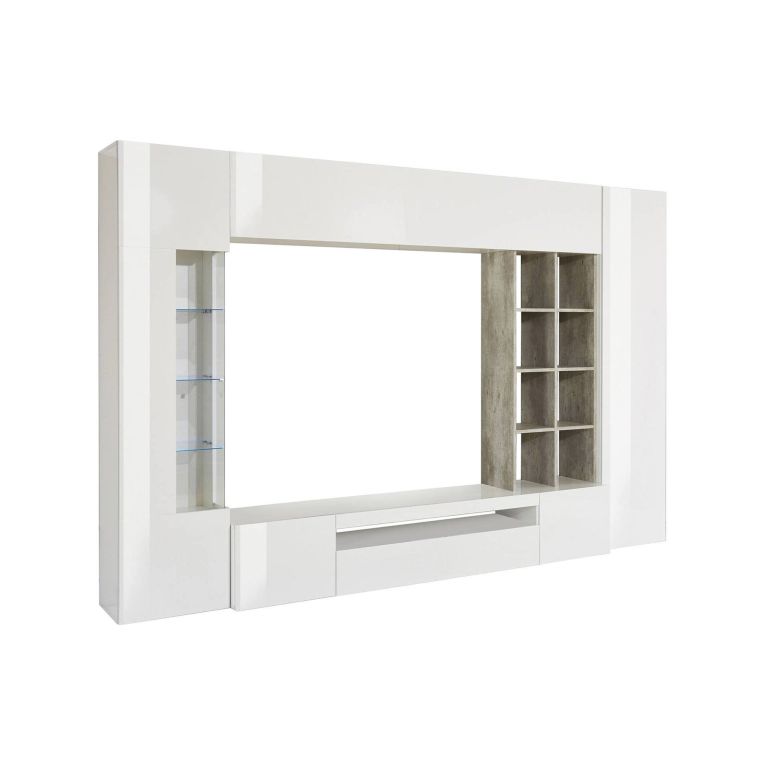 Parete attrezzata Ocean, Set salotto porta TV, Mobile soggiorno multiuso con luce LED, 100% Made in Italy, cm 290x40h192, Bianco lucido e Cemento
