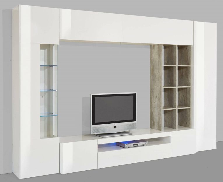 Parete attrezzata Ocean, Set salotto porta TV, Mobile soggiorno multiuso con luce LED, 100% Made in Italy, cm 290x40h192, Bianco lucido e Cemento