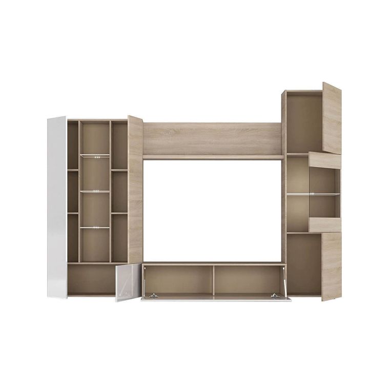 Parete attrezzata Raleigh, Mobile da soggiorno porta TV modulare, Composizione salotto con pensili e vetrine e luce led, 260x42h185 cm, Rovere e Bianco
