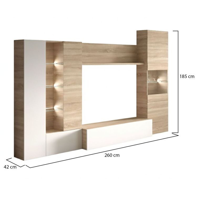 Parete attrezzata Raleigh, Mobile da soggiorno porta TV modulare, Composizione salotto con pensili e vetrine e luce led, 260x42h185 cm, Rovere e Bianco