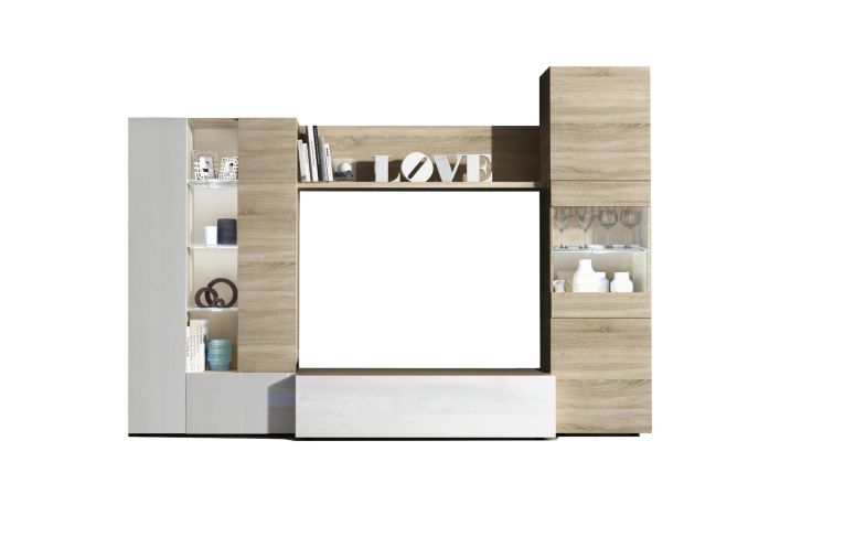 Parete attrezzata Raleigh, Mobile da soggiorno porta TV modulare, Composizione salotto con pensili e vetrine e luce led, 260x42h185 cm, Rovere e Bianco