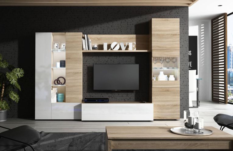 Parete attrezzata Raleigh, Mobile da soggiorno porta TV modulare, Composizione salotto con pensili e vetrine e luce led, 260x42h185 cm, Rovere e Bianco