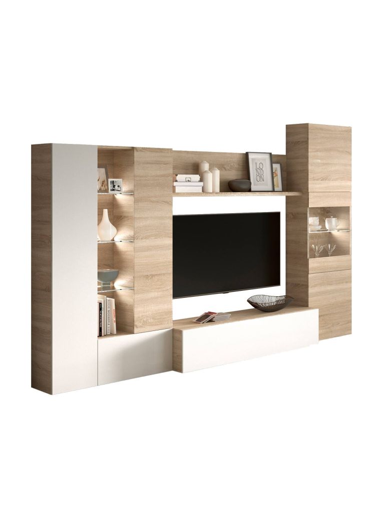 Parete attrezzata Raleigh, Mobile da soggiorno porta TV modulare, Composizione salotto con pensili e vetrine e luce led, 260x42h185 cm, Rovere e Bianco