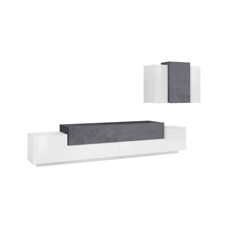 Parete attrezzata Ruben, Set salotto porta TV, Mobile soggiorno multiuso, 100% Made in Italy, cm 240x45h180, Bianco lucido e Ardesia