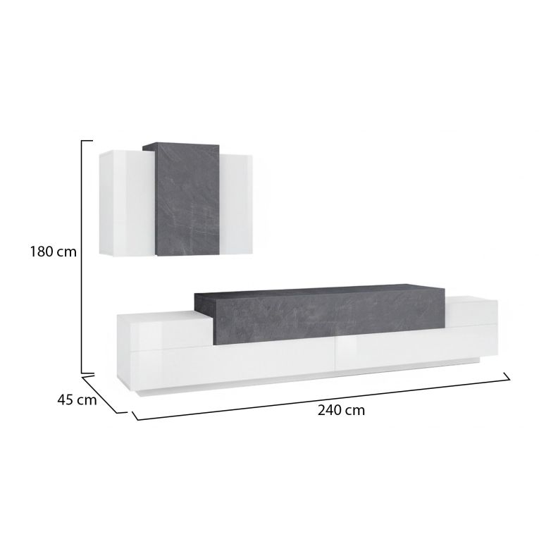 Parete attrezzata Ruben, Set salotto porta TV, Mobile soggiorno multiuso, 100% Made in Italy, cm 240x45h180, Bianco lucido e Ardesia