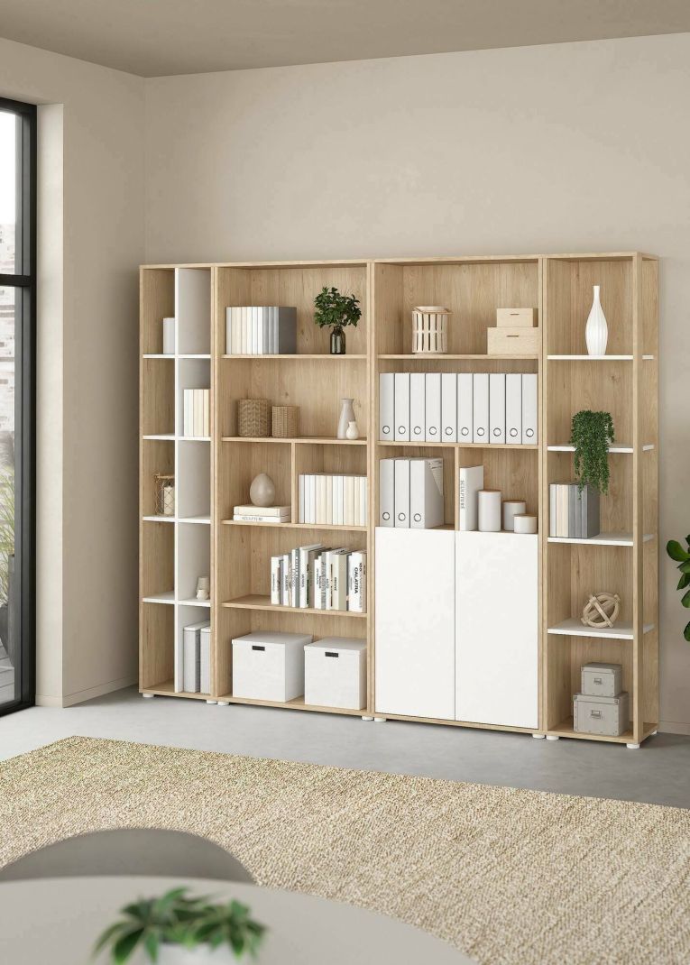 Parete attrezzata Sabine, Composizione soggiorno, Mobile salotto multiuso, Armadio porta TV, 34x241 h205 cm, Rovere e Bianco