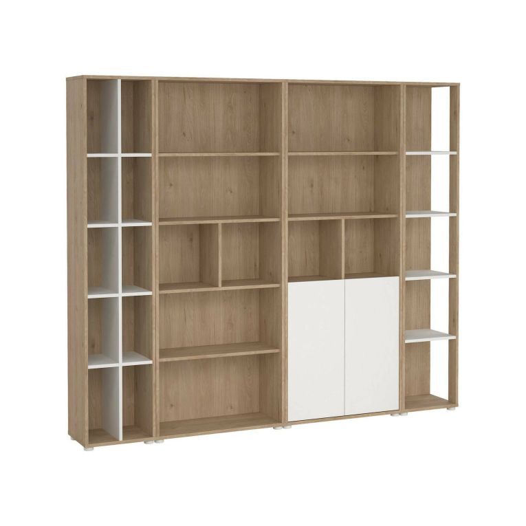 Parete attrezzata Sabine, Composizione soggiorno, Mobile salotto multiuso, Armadio porta TV, 34x241 h205 cm, Rovere e Bianco