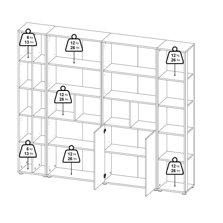 Parete attrezzata Sabine, Composizione soggiorno, Mobile salotto multiuso, Armadio porta TV, 34x241 h205 cm, Rovere e Bianco