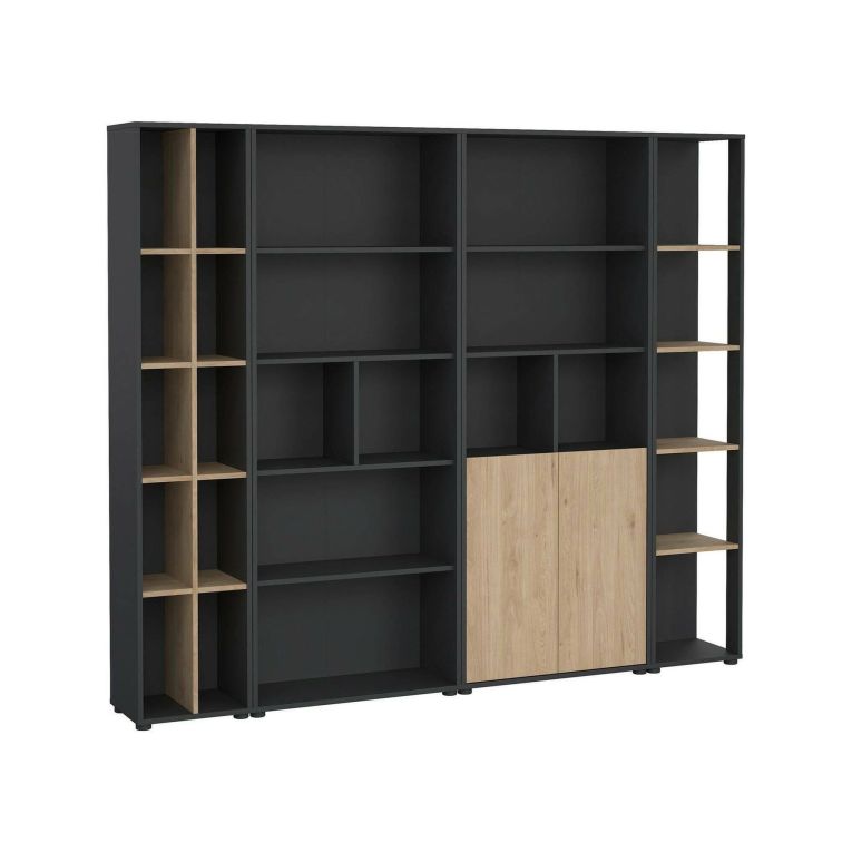 Parete attrezzata Sabine, Composizione soggiorno, Mobile salotto multiuso, Armadio porta TV, 34x241 h205 cm, Rovere e Grigio
