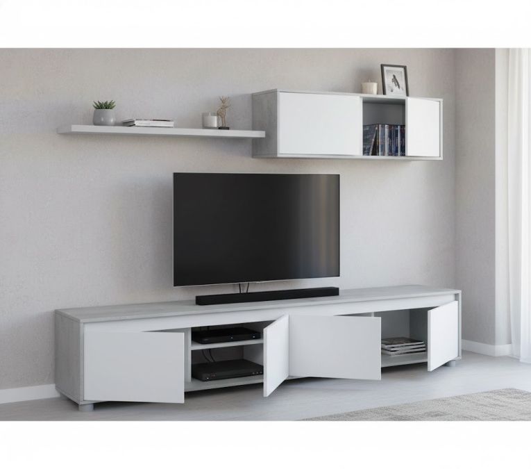 Parete attrezzata Savannah, Mobile da soggiorno porta TV, Composizione set salotto, Set salotto con pensile, 200x41h43 cm, Bianco e Cemento