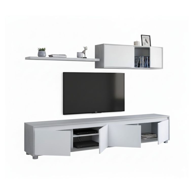 Parete attrezzata Savannah, Mobile da soggiorno porta TV, Composizione set salotto, Set salotto con pensile, 200x41h43 cm, Bianco e Cemento